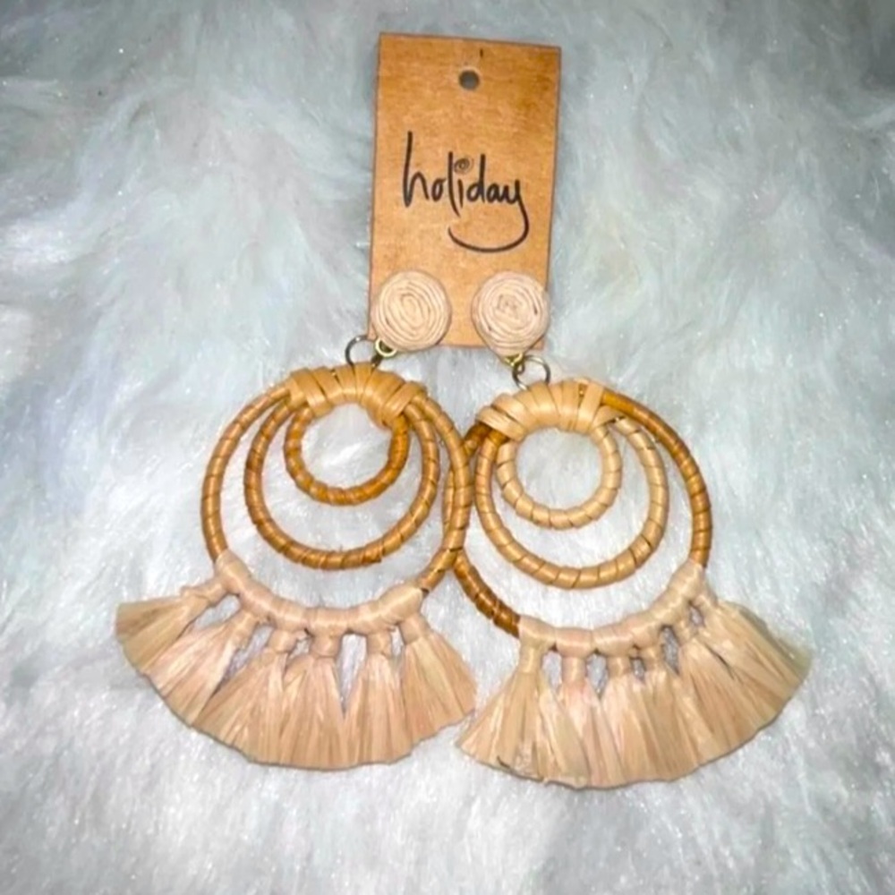 Holiday - Anthropologie Tan Hoop Earrings With Fringe - NWT - Boho - Lightweight